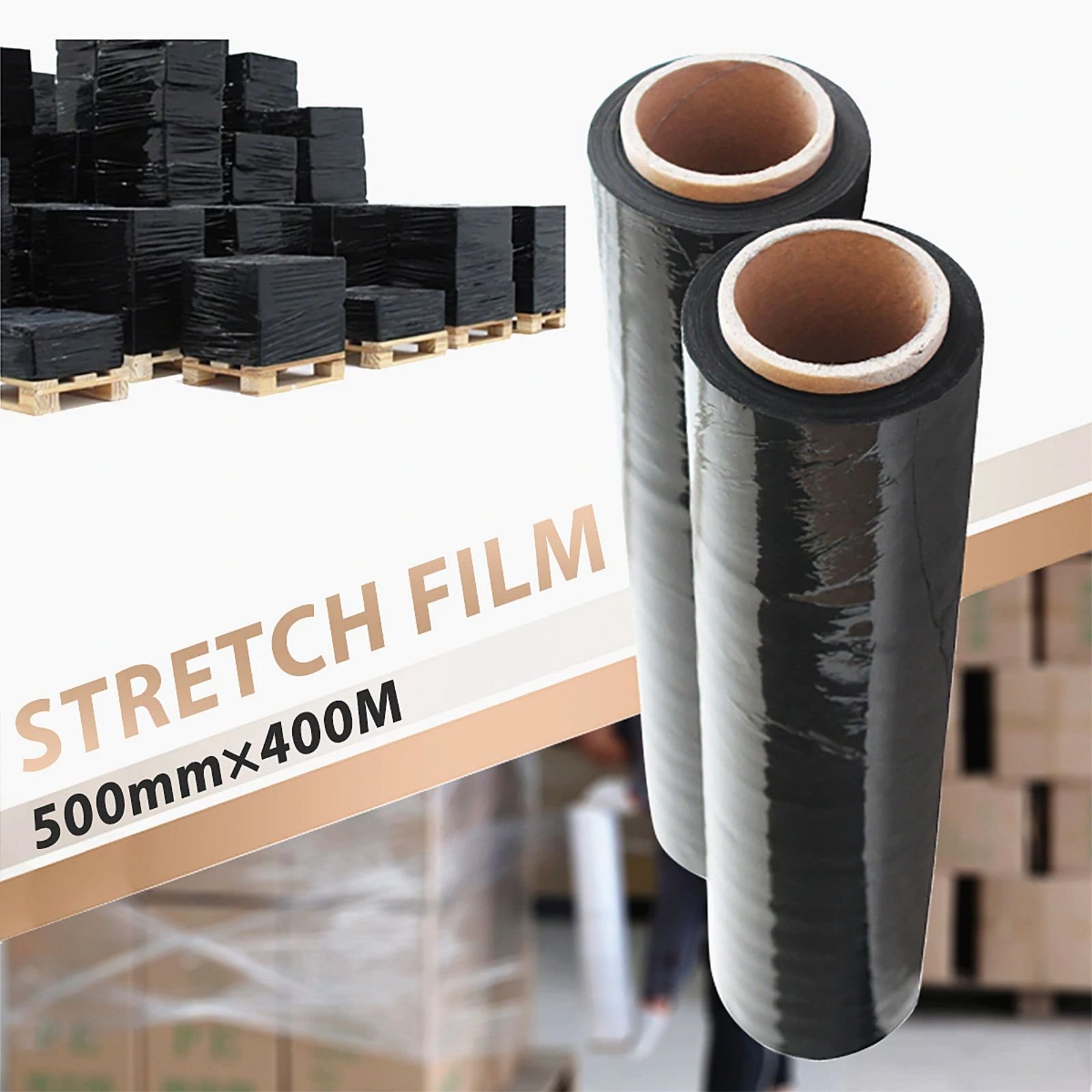 Stretch Film BLACK Hand Use 500mm x 400m 25UM Pallet Shrink Wrap 4 / 8 Rolls 4 Stretch Film BLACK Hand Use 500mm x 400m 25UM Pallet Shrink Wrap 4 / 8 Rolls